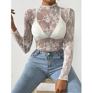 White Lace Sheer Floral Long Sleeve Top Shirt